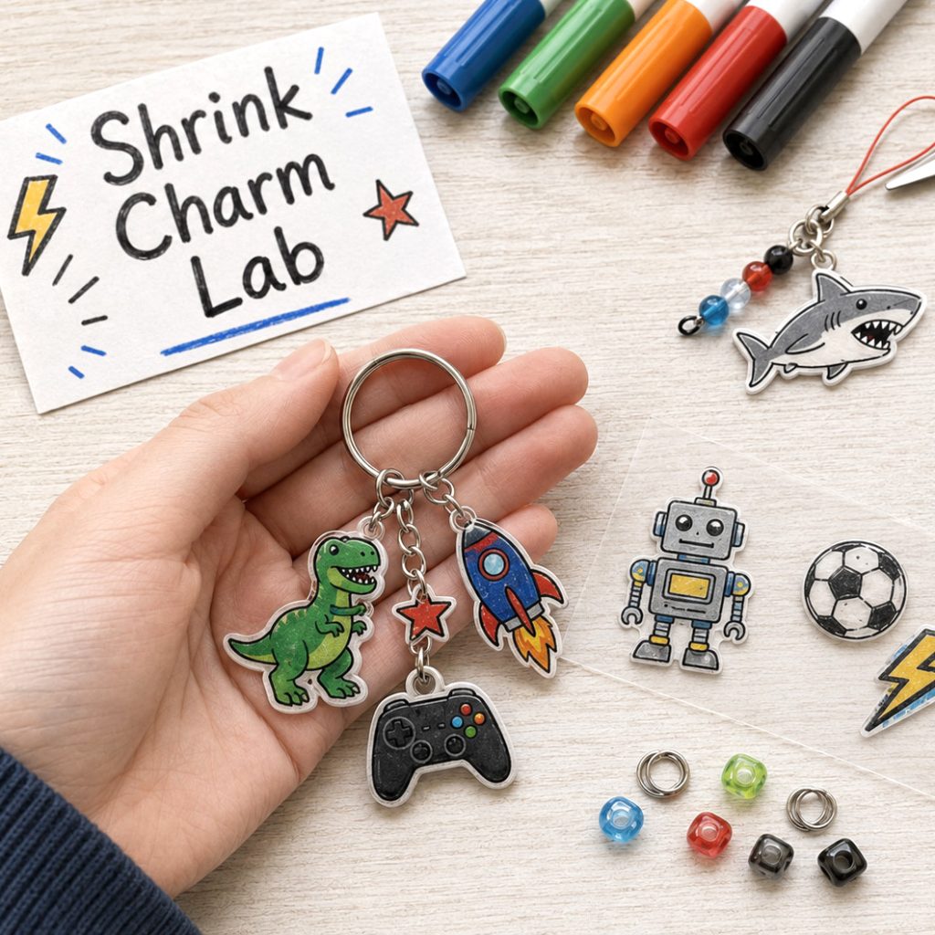 A hand holding a finished keychain of shrink-plastic charms, with pens, beads and pliers on the table