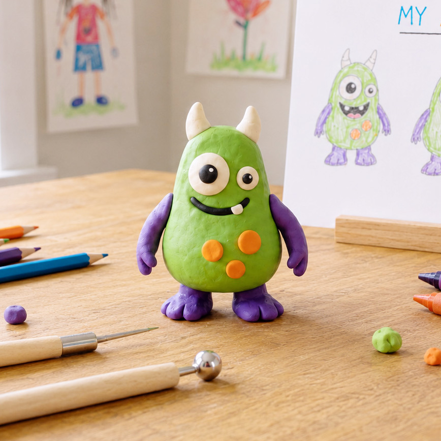 A green clay monster standing beside the child's own drawing of the same character, with pencils and clay tools