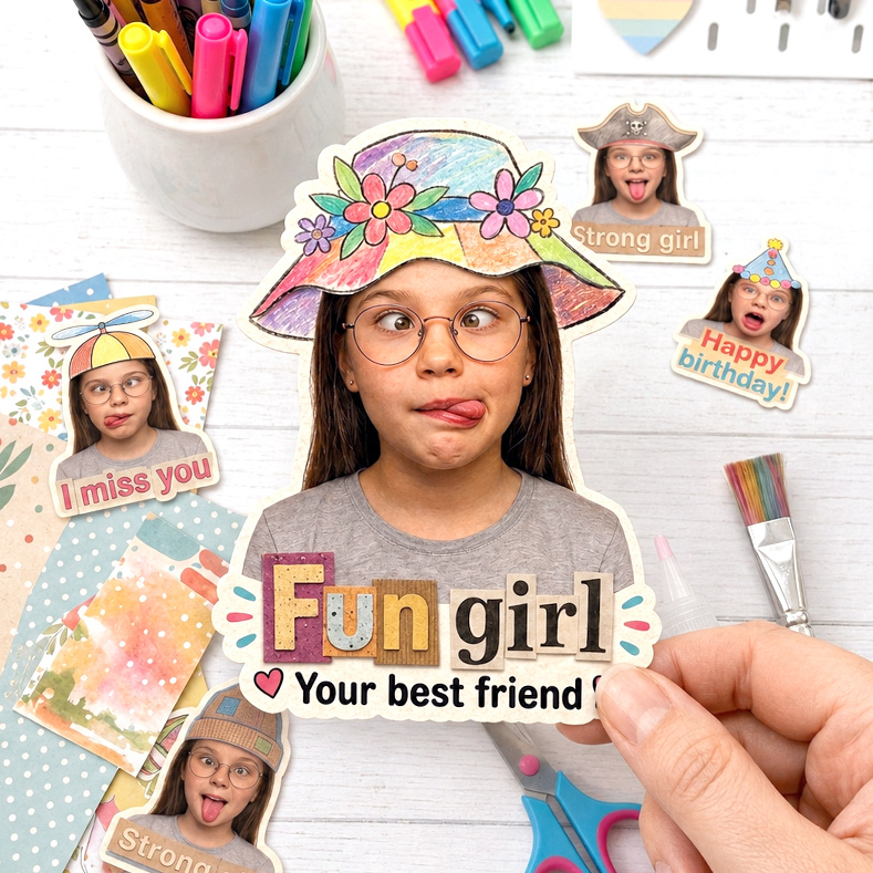 Custom photo stickers of a child pulling funny faces, surrounded by markers, scissors and patterned paper