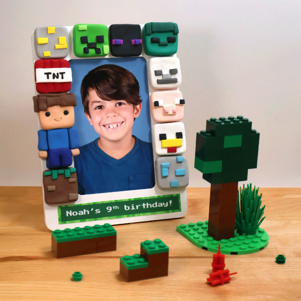 A Block World Frame: a photo frame surrounded by clay blocks and a clay character