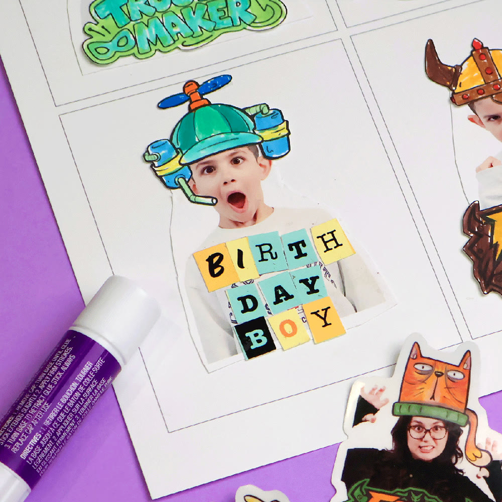 Birthday party stickers made from photos and decorated by hand