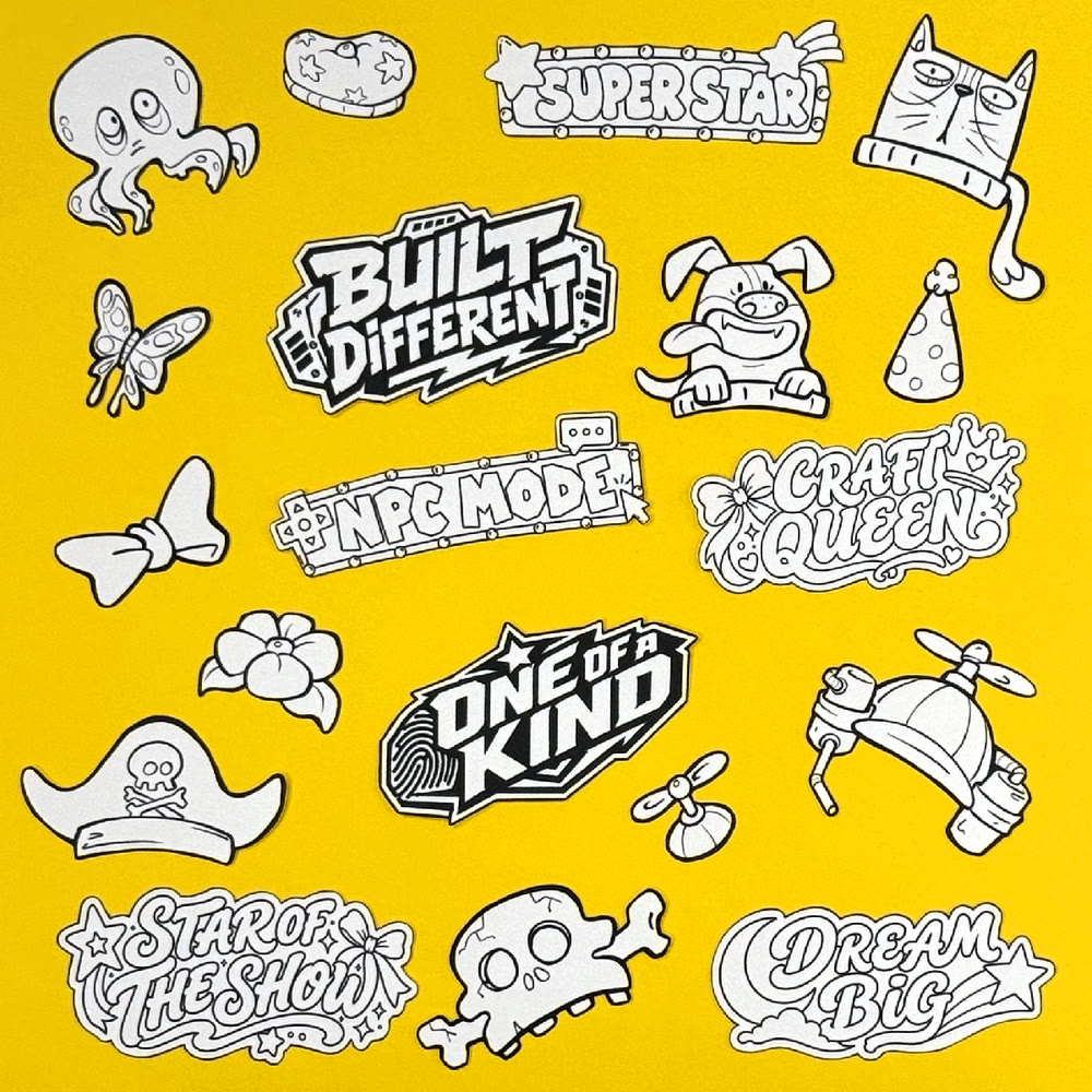 Hats, accessories and captions to colour in, laid out on a yellow background: our sticker decoration library