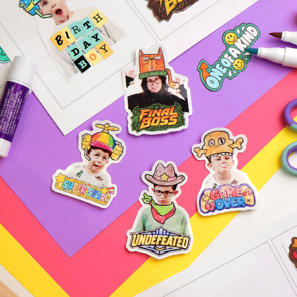 Finished photo stickers decorated with hats and captions